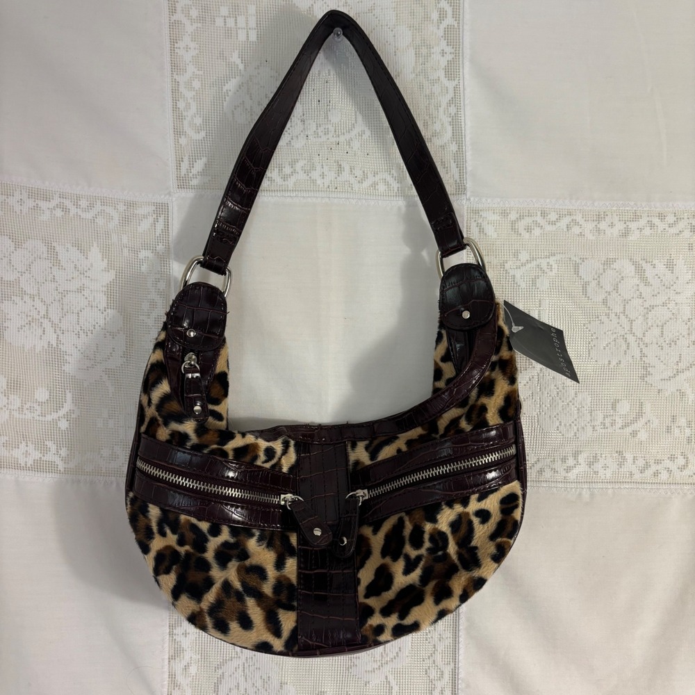 NWT Y2K Bratz Fuzzy Leopard Faus Embossed Crocodile Shoulder Bag